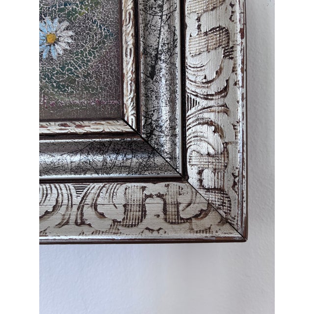 This original vintage flower oil painting shows a light and airy elegant bouquet of wildflowers, including white daisies...