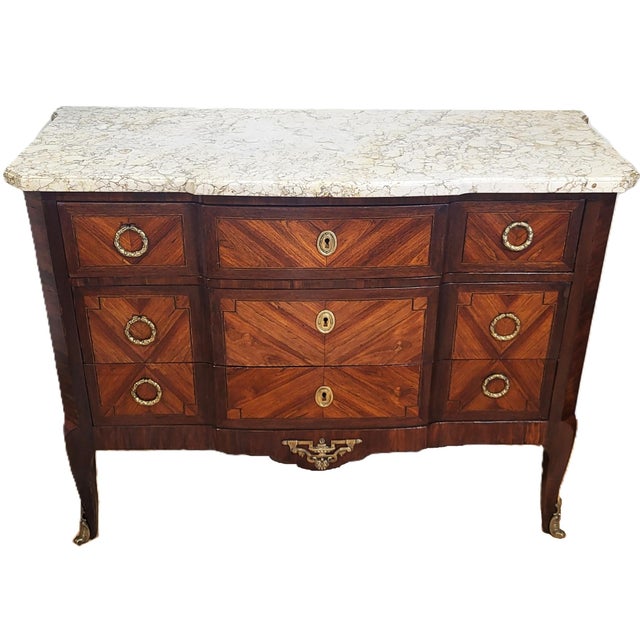 Brown 19th C French Louis XV Inlaid & Bronze Mounted Sienna Marble Top Commode Chest For Sale - Image 8 of 16