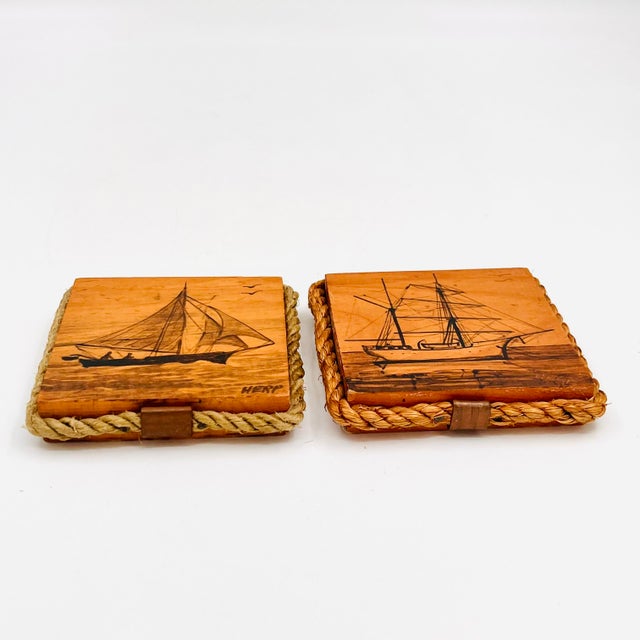 Vintage Folk Art Pen & Ink Petite Sailboat Art, Signed - Nautical Wood Plaques - Set of 2 For Sale - Image 13 of 18