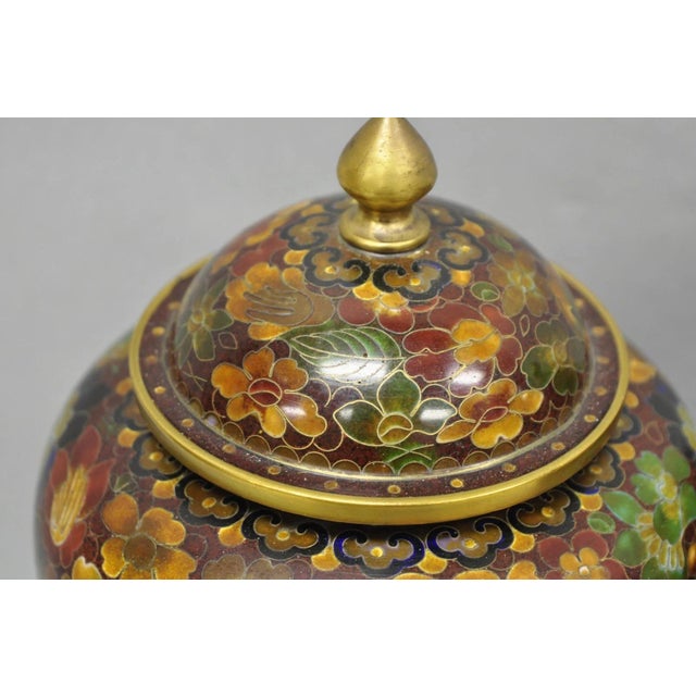 Late 20th Century Vintage Cloisonné Chinese Small Enameled Brown Covered Ginger Jar on Stand, Pair For Sale - Image 5 of 18