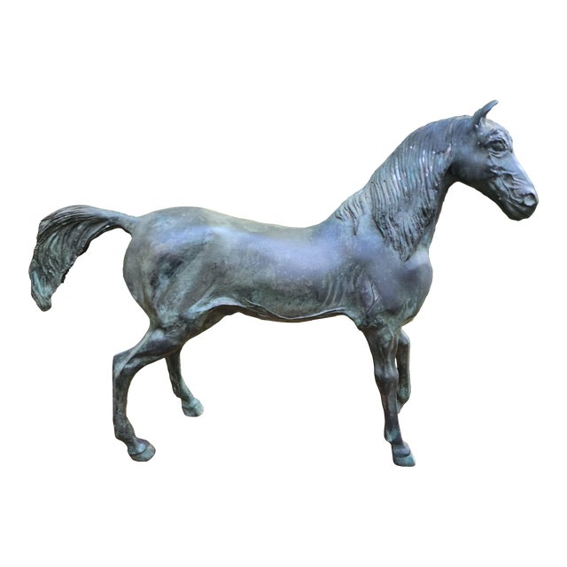 Late 20th Century Brass Horse Stallion Sculpture Patina Green Large For Sale