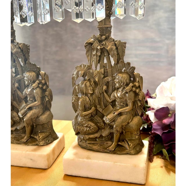 Early 20th Century Antique Victorian Girandole Candlesticks With Hanging Crystal Prisms - Set of 2 For Sale - Image 5 of 10