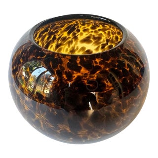 Large Tortoiseshell Art Glass Bowl Sphere Vase Amber Brown Hand Blown Decor For Sale