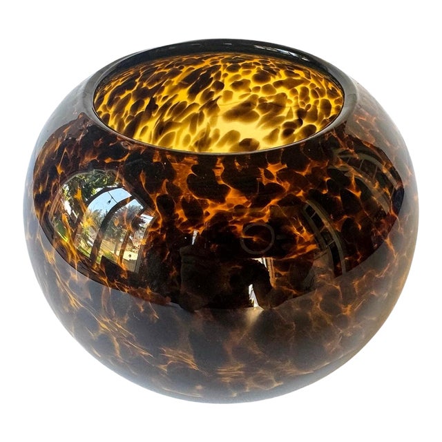 Large Tortoiseshell Art Glass Bowl Sphere Vase Amber Brown Hand Blown Decor For Sale