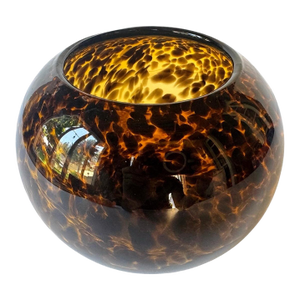 Large Tortoiseshell Art Glass Bowl Sphere Vase Amber Brown Hand Blown Decor
