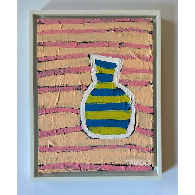 Acrylic on cradled wood panel, 12 x 9 x .75. Framed in a white wood floater frame. Back wired, ready to hang.