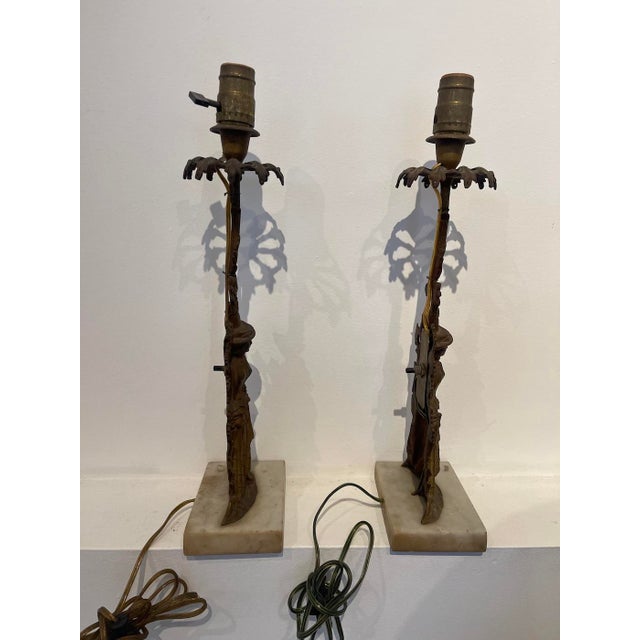 1900 - 1909 Vintage Figural Lady Table Lamps – Pair of Cast Metal & Stone Bases For Sale - Image 5 of 7