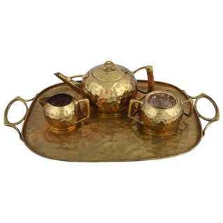 Jugendstil Brass Centrepiece & Tea Set with Tray by Carl Deffner, Germany, 1910s, Set of 4 For Sale