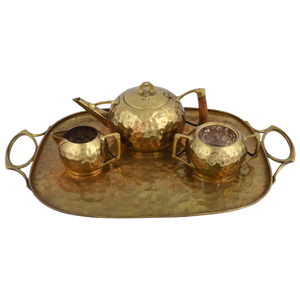 Jugendstil Brass Centrepiece & Tea Set with Tray by Carl Deffner, Germany, 1910s, Set of 4