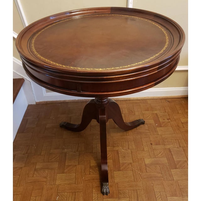 1960s Regency Mahogany and Tooled Leather Stencil Pedestal Tea Drum Table For Sale - Image 11 of 11