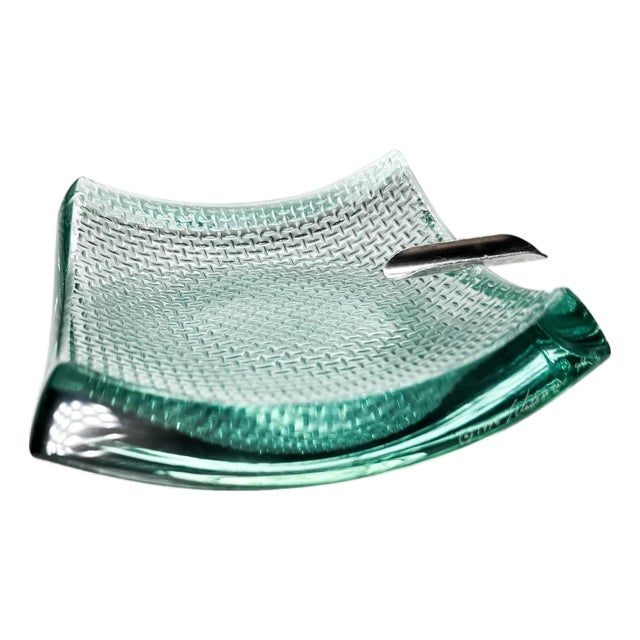 Stephen Schlanser Signed Glass Ashtray: Modernist Studio Art, Sterling Silver Rest For Sale