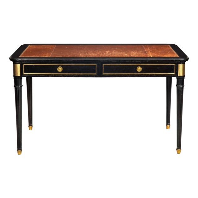 A Fine Black Louis XVI Style Leather Writing Table Desk Bureau Plat Ca. 1950 For Sale