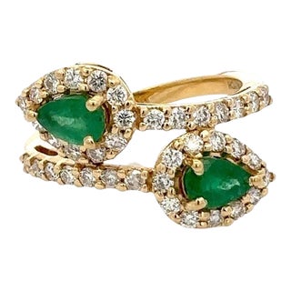 Natural Emerald Halo Diamond Bypass Ring in 18k Gold Size 7 For Sale