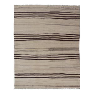 Vintage Turkish Kilim Rug in Cream and Deep Brown Striped Design