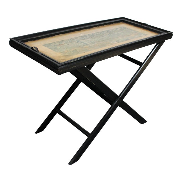 Vintage Ebonized Wood Butler Folding Tray Table With Surface Map of Rome Italy For Sale