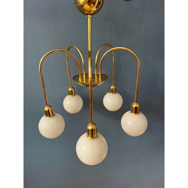 Mid-Century Gold Brass Opaline Glass Chandelier For Sale - Image 11 of 11
