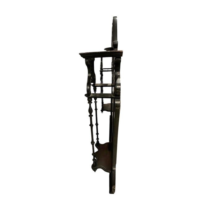 Gothic Antique Ebonized Victorian Architectural Mirror With 3 Beveled Mirrors & Shelves – Chippendale Revival For Sale - Image 3 of 12