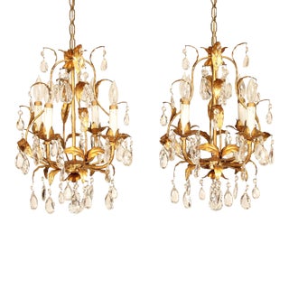 Italian Hollywood Regency Pair Gilt Tole and Crystal 4-Light Chandeliers For Sale