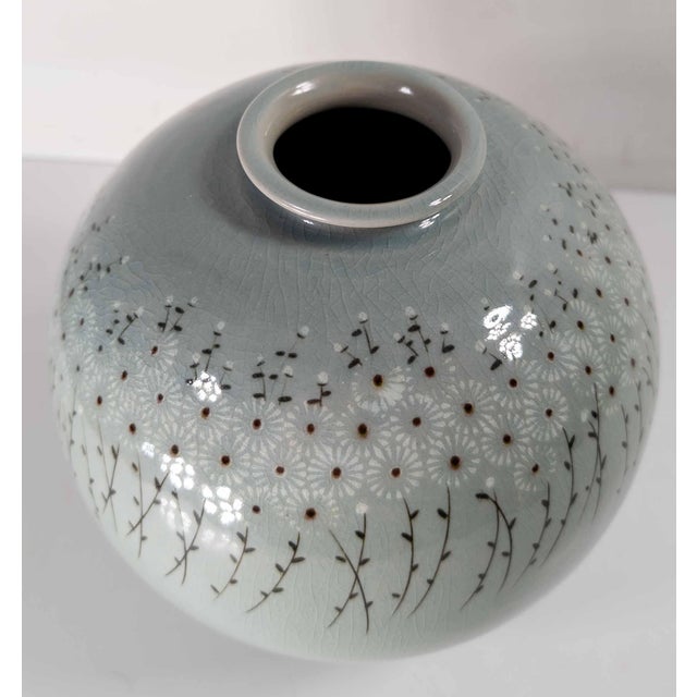 Celadon Mid-Century Modern Korean Celadon Vase With Parade of Flowers, Signed For Sale - Image 8 of 13