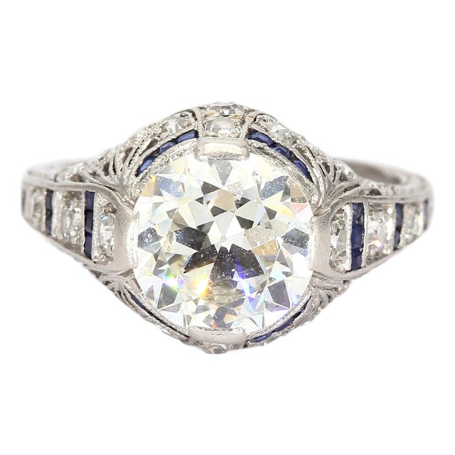 Antique Platinum Diamond & Blue Sapphire Ring - Size 5 For Sale