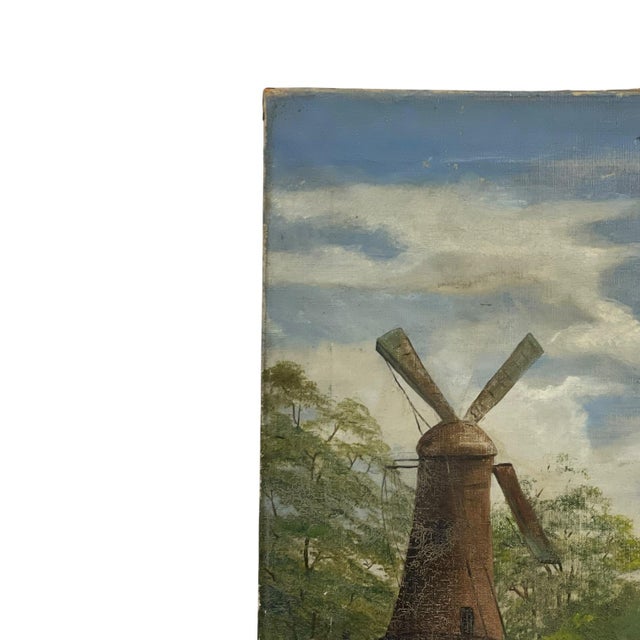 Vintage Windmill Landscape Oil Painting on Canvas, Signed, Rustic Countryside Scene. For Sale In Seattle - Image 6 of 10