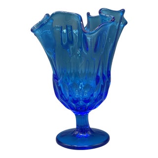 1950s Fenton Colonial Blue Thumbprint Thousand Eye Footed Handkerchief Vase For Sale