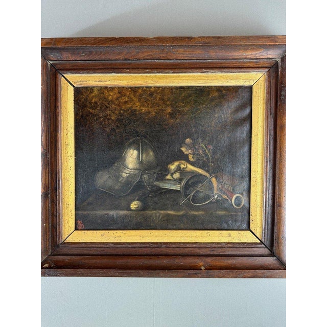 Unkwown, Still Life with Helmet and Antique Objects, 1800s, Oil on Canvas For Sale - Image 6 of 8