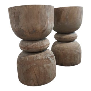 Brutalist Weathered Teak Stools (Pair) For Sale