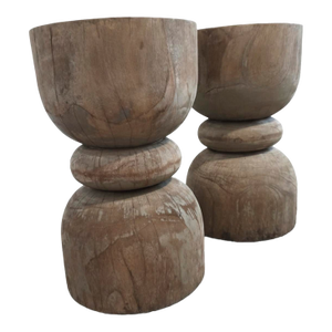 Brutalist Weathered Teak Stools (Pair)