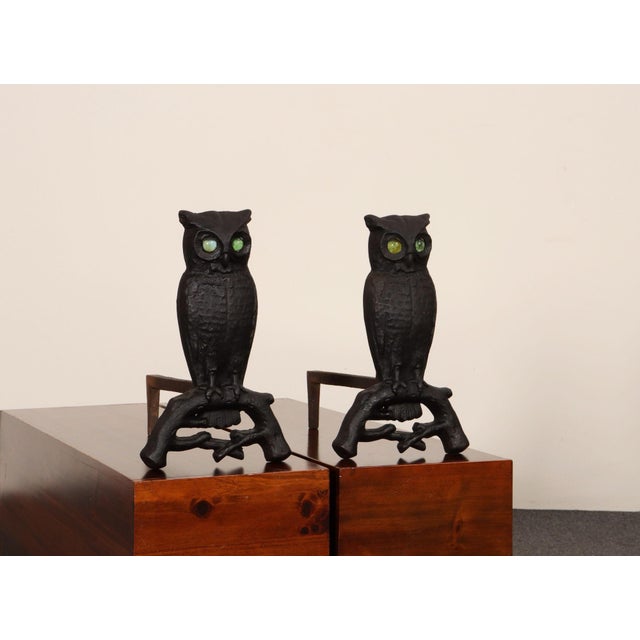 Arts & Crafts Vintage Cast Iron Perched Owl Andirons With Blue Green Glass Eyes For Sale - Image 3 of 18
