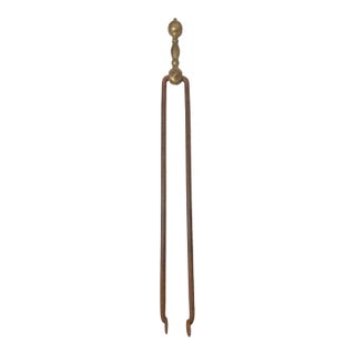Antique 18th Century Wrought Iron Turned Brass English Fireplace Tongs Tool 7 For Sale