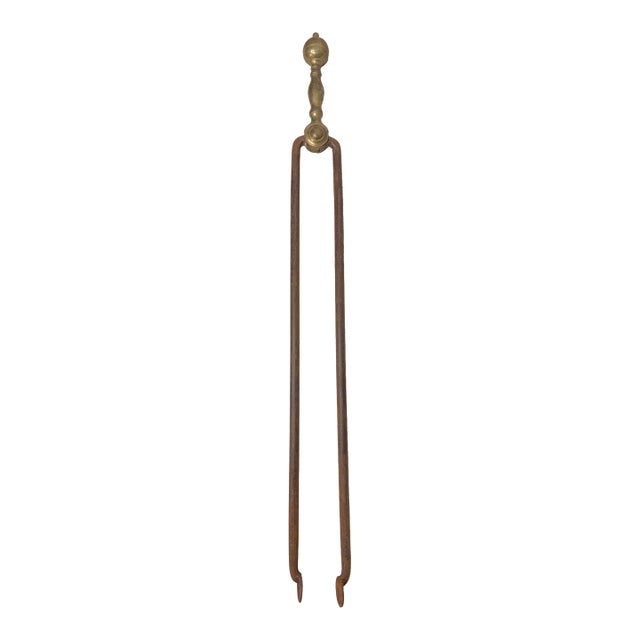 Antique 18th Century Wrought Iron Turned Brass English Fireplace Tongs Tool 7 For Sale
