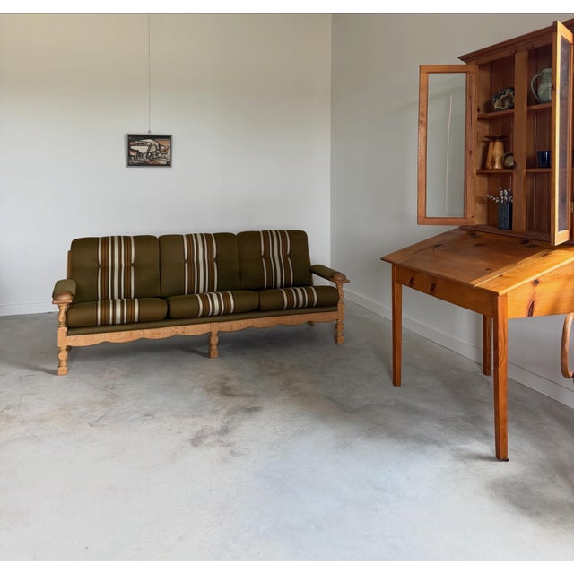 1960s Scalloped Carved Turned Danish Oak Henning Kjærnulf Style Sofa Couch Olive Wool For Sale - Image 5 of 16