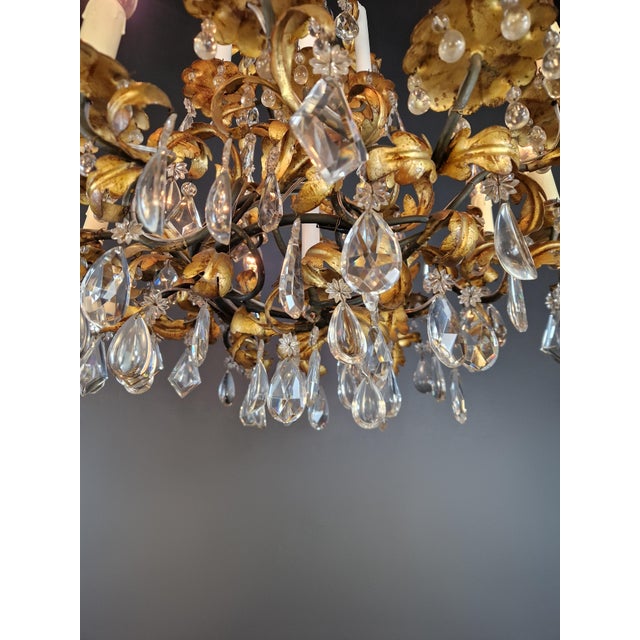 Metal 1930s Art Deco Candle Light Traditional Antik Wrought Iron Crystal Ceiling Chandelier For Sale - Image 7 of 10