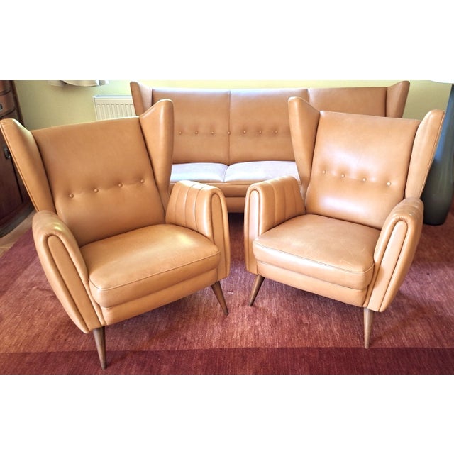 Wingback Living Room Set in Leather, 1950s, Set of 3 For Sale - Image 4 of 14