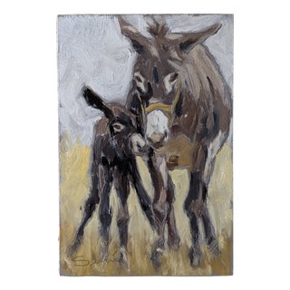 20th Century, Portrait of a Donkey in Maternity, 1980s, Oil Painting on Panel For Sale