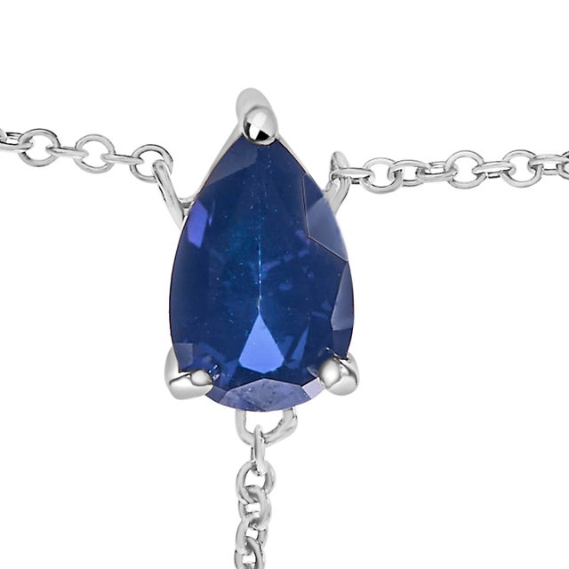 Contemporary Sterling Silver Created Blue Sapphire and Diamond Accent Y Necklace For Sale - Image 3 of 4
