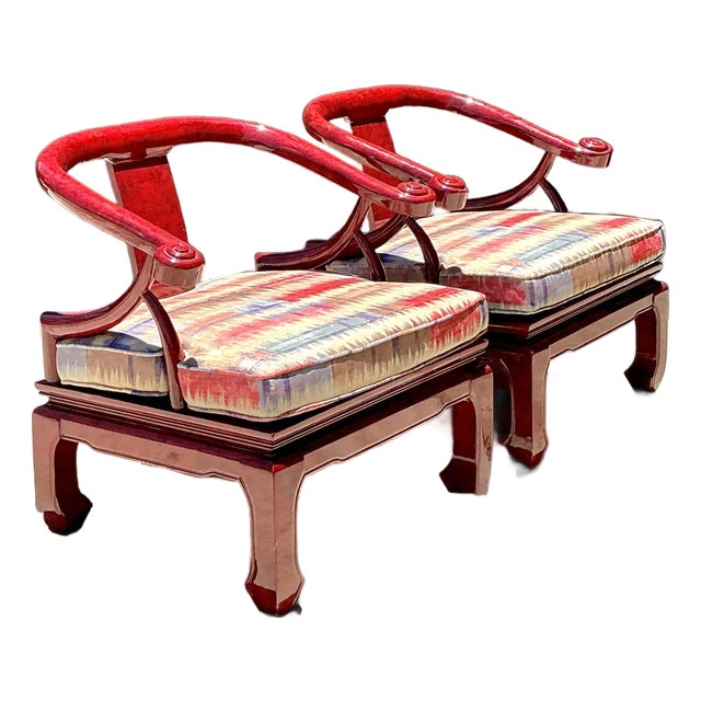 Vintage Candy Apple Lacquer Horseshoe Chairs After James Mont - A Pair For Sale