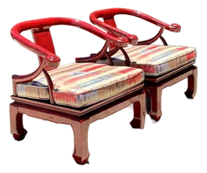 Vintage Candy Apple Lacquer Horseshoe Chairs After James Mont - A Pair