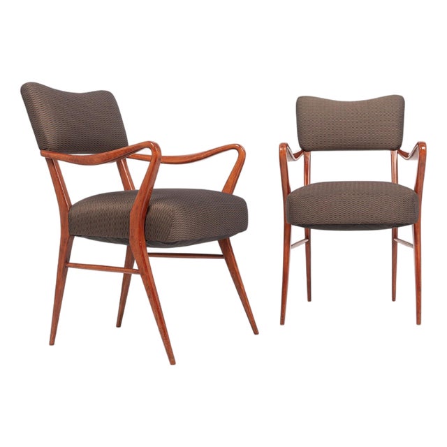Pair of Mid Century Modern Wood & Brown Upholstered Arm Chairs, 1950s For Sale