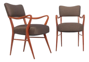 Pair of Mid Century Modern Wood & Brown Upholstered Arm Chairs, 1950s