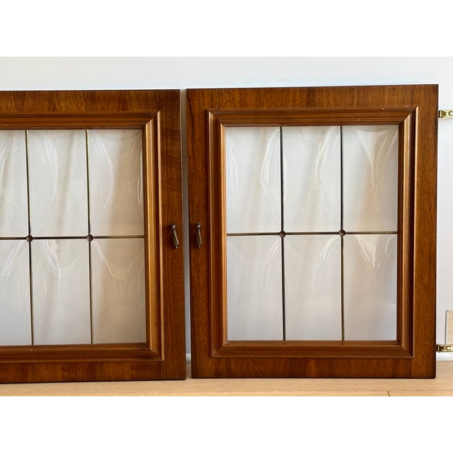 Wood Vintage 70s Pair of Walnut and Convex Leaded Clear Glass Cabinet Doors For Sale - Image 7 of 18