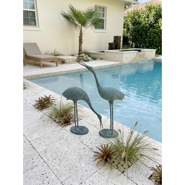 Metal A Pair of Vintage Patinated Bronze Crane Garden Sculptures For Sale - Image 7 of 12