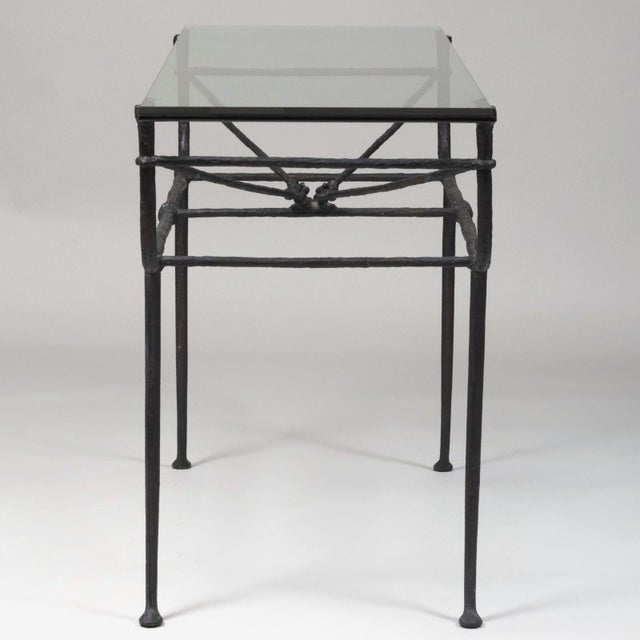 Mid-Century Modern Giacometti Style Patinated-Metal and Glass Console Table For Sale - Image 3 of 7