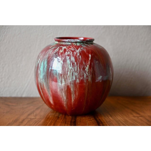 Ceramic Art Nouveau Cab Ceramic Ball Vase in Flamed Red and Turquoise, France, 1920s For Sale - Image 7 of 7