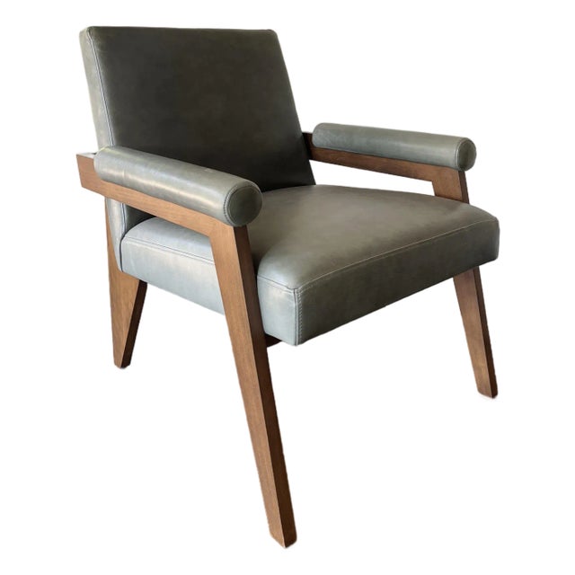 Jeanneret Inspired Green Leather Accent Chair For Sale