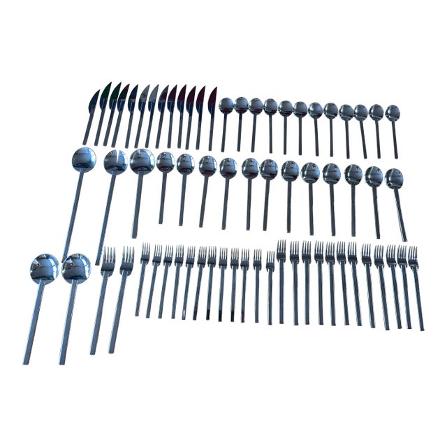 1980s 68-Piece Boda Nova Stockholm Stainless Steel Flatware Service for 12, Including Serving Pieces For Sale