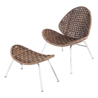 Set of Chair and Ottoman in Rope and Chrome, 1970s For Sale