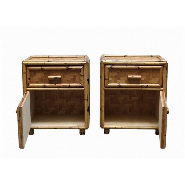 Mid-Century Modern Vintage Italian Rattan Bedside Tables, 1960s, Set of 2 For Sale - Image 3 of 7