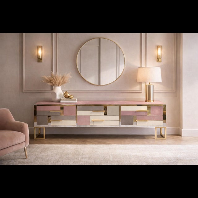 Wood Pink Murano Opaline Glass Sideboard with Brass Base from Justfurnituress SRL For Sale - Image 7 of 10